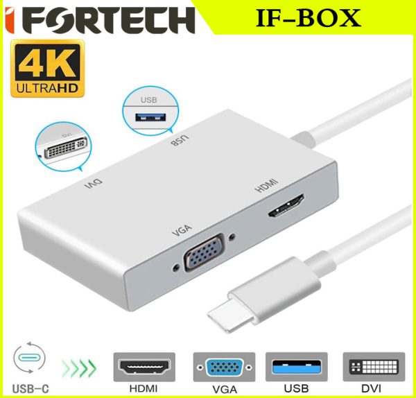 تبدیل IFORTECH 4K TYPE-C TO 4 in 1 IF-BOX HDMI/VGA/DVI/USB3.0